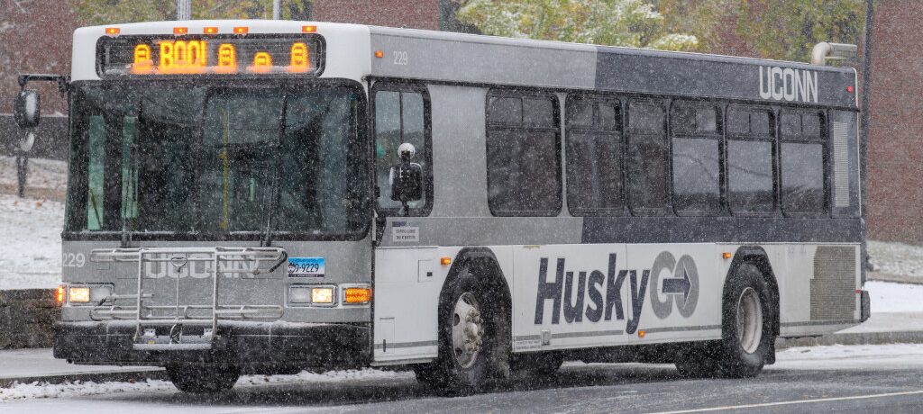 Photo of a bus displaying "BOO!" stopped near the Chemistry Building on October 30, 2020