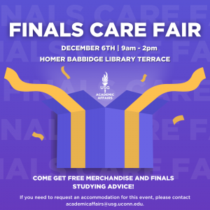 Graphic of the Finals Care Fair that took place on December 6th in the Homer Babbidge Library Terrace