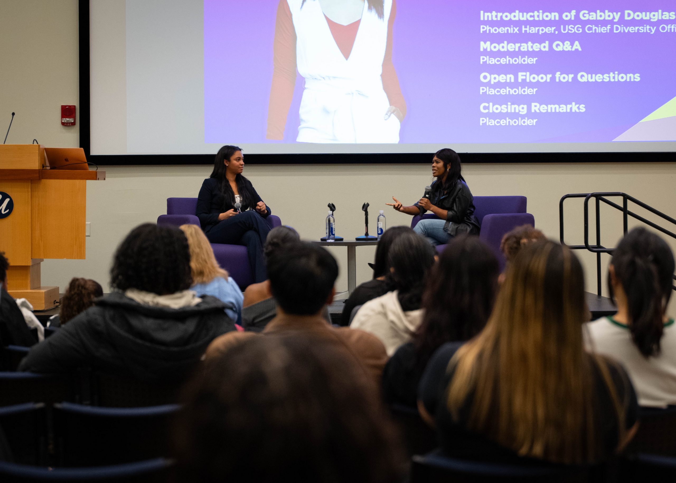 Guest speaker Gabby Douglas with D&O Coordinator Phoenix Harper at a diversity and outreach event