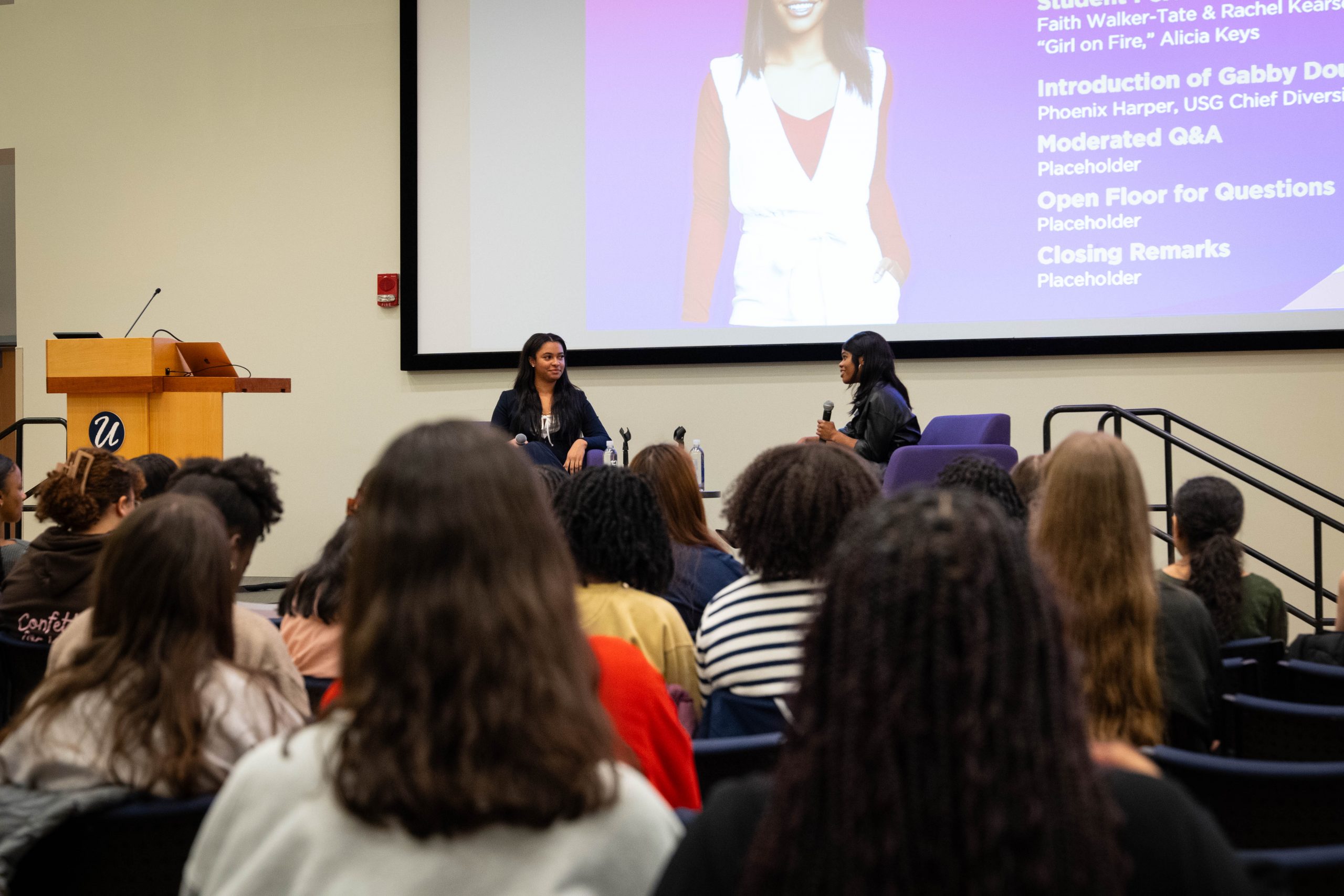 Guest speaker Gabby Douglas with D&O Coordinator Phoenix Harper at a diversity and outreach event
